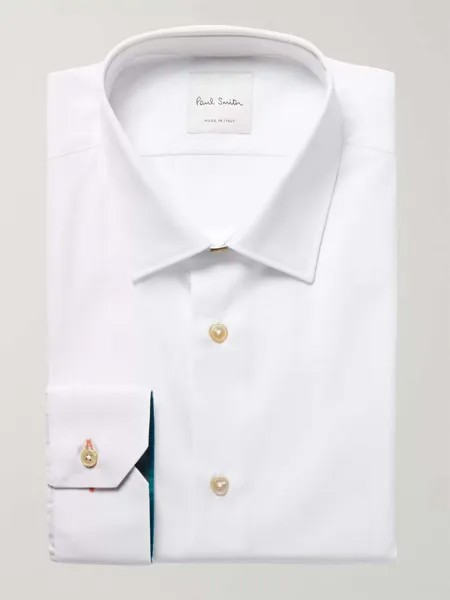 Белая приталенная рубашка из хлопка и поплина с контрастными манжетами PAUL SMITH, белый