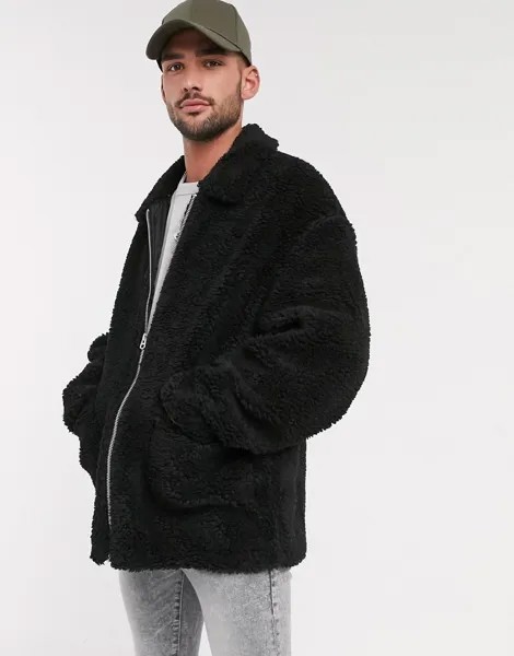 Черная куртка Харрингтон из искусственной цигейки ASOS DESIGN-Черный