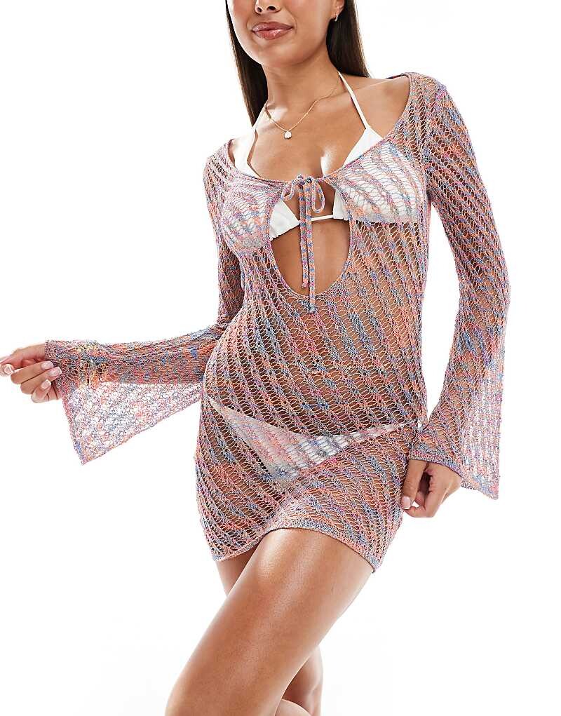 ASOS DESIGN – Короткое разноцветное пляжное платье с длинными рукавами и завязками спереди