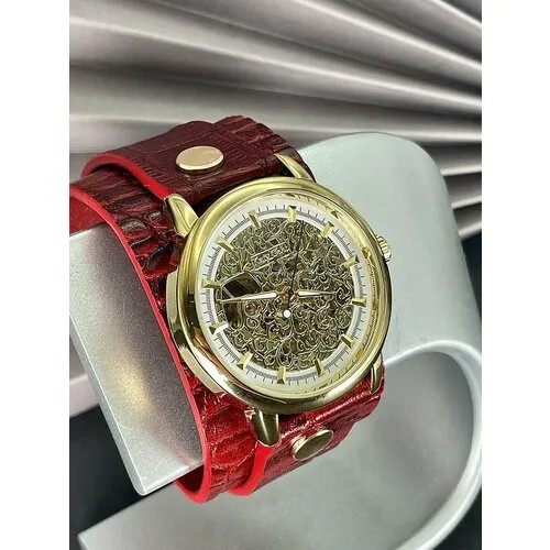 Наручные часы Katy Geht Часы наручные скелетоны с кожаным ремешком ручной работы в подарочной упаковке от Katy Geht, красный, золотой