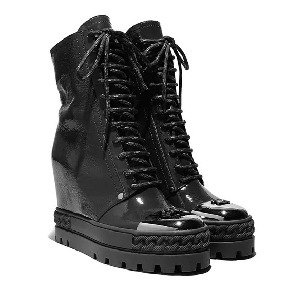 Классические черные ботинки на танкетке, кожаные ботильоны на толстой подошве и высоком каблуке, однотонные Черные новые ботинки из лакиро...