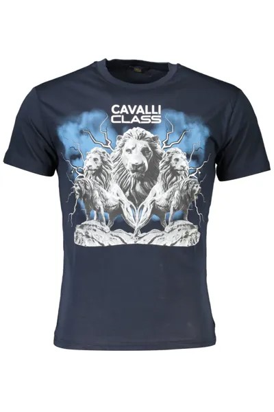 Мужская элегантная футболка с круглым вырезом и принтом логотипа Cavalli Class, синий