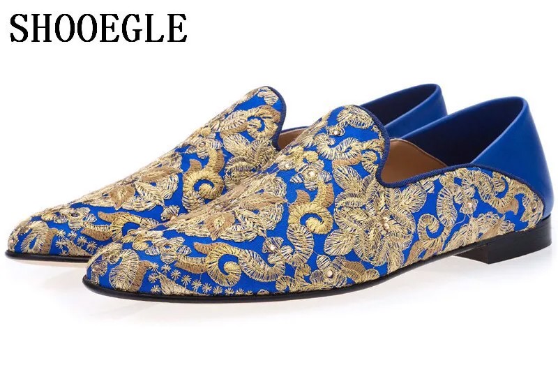 SHOOEGLE Zapatos Hombre/Новая мужская синяя обувь ручной работы, золотые Вышитые Мокасины, мужские слипоны на плоской подошве, Мужские модельные туфли...