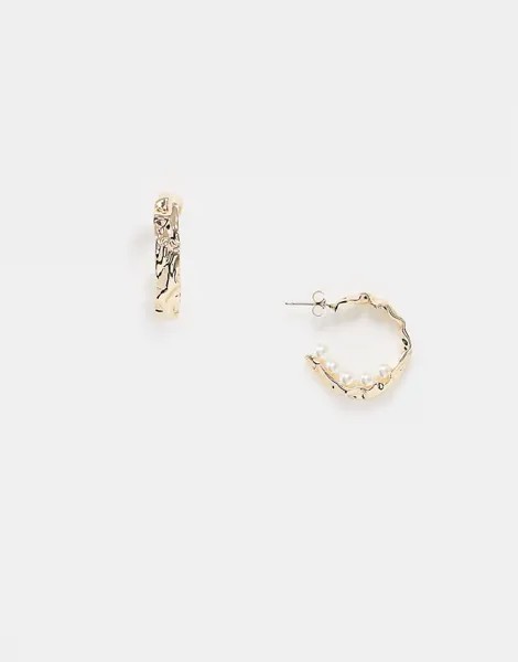 Золотистые серьги-кольца с искусственным жемчугом Pieces-Золотой