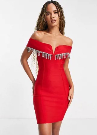 Красное облегающее платье с открытыми плечами и кисточками Band Of Stars-Красный