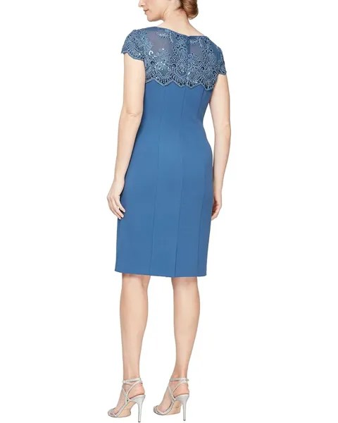 Платье Alex Evenings Short Sheath Dress with Embroidered Illusion Neckline, цвет Vintage Blue