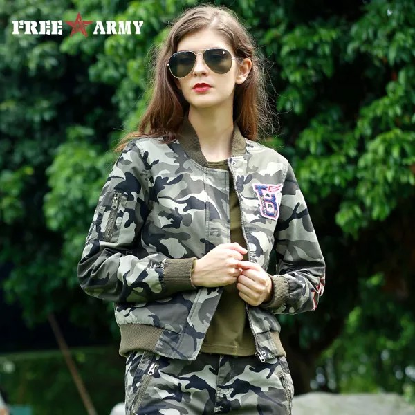 Куртка-бомбер женская камуфляжная, хлопковая короткая куртка в стиле милитари, с V-образным вырезом, верхняя одежда, осень