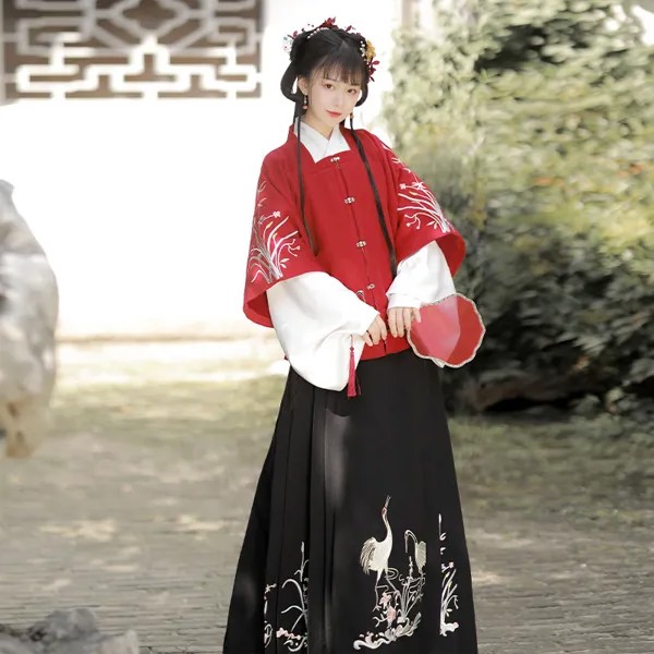 Новое поступление, женское Оригинальное красное платье ханьфу в старинном китайском ретро-стиле, традиционное Восточное пушистое платье-костюм из трех предметов, юбка