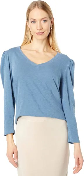 Топ SUNDRY Puff Sleeve V-Neck Top in Pima Cotton, цвет Pigment Ocean