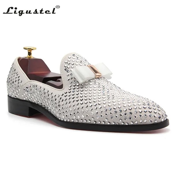 Туфли Ligustel мужские, роскошные лоферы, повседневная обувь для выпускного вечера, свадьбы, вечеринки, без застежки, серебристые кожаные, 55