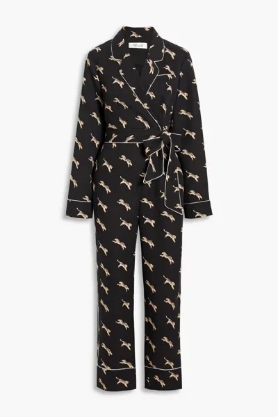 Креповый комбинезон Brittania с цветочным принтом и запахом Diane Von Furstenberg, черный