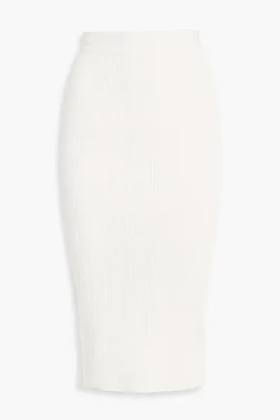 Юбка-карандаш миди металлизированной вязки в рубчик Hervé Léger, слоновая кость