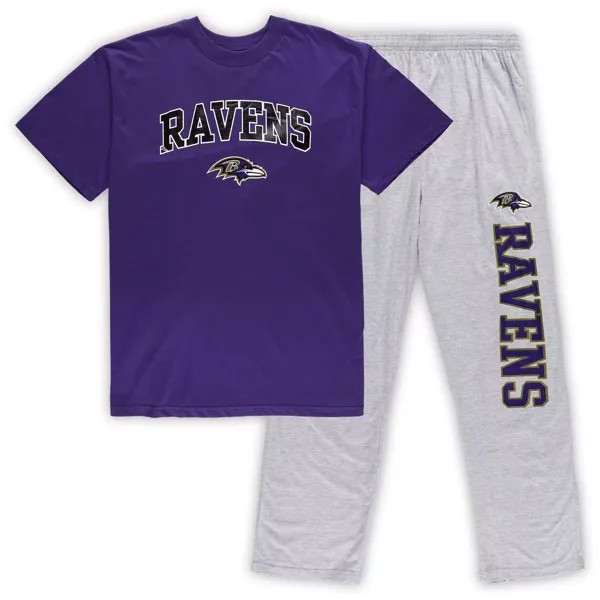 Мужская футболка Concepts Sport фиолетового/серого цвета с принтом Baltimore Ravens Big & Tall, комплект для сна и брюки