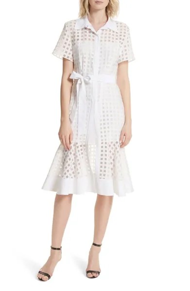MILLY Белое платье-рубашка миди в клетку Burnout HAYLEY с воротником на талии и галстуком LWD 8