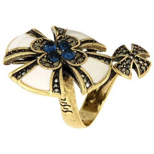 Кольцо Misis, серебро, 925 проба, золочение, эмаль, марказит, безразмерное, синий, золотой