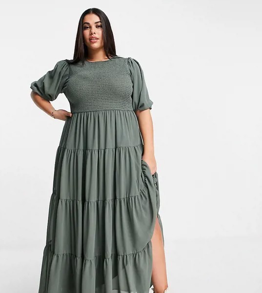 Многоярусное платье макси цвета хаки со сборками ASOS DESIGN Curve-Зеленый цвет