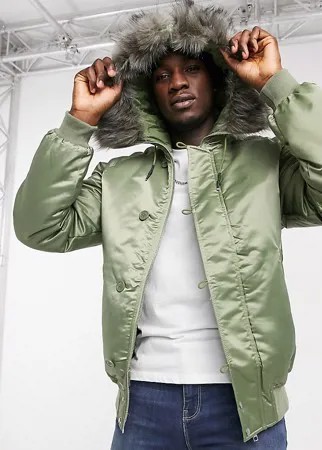 Дутый бомбер цвета хаки с искусственным мехом на капюшоне ASOS DESIGN Tall-Зеленый