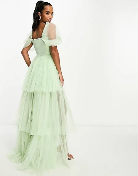 Эксклюзивное платье макси из тюля с открытыми плечами и глубоким вырезом Lace & Beads Petite шалфейно-зеленого цвета