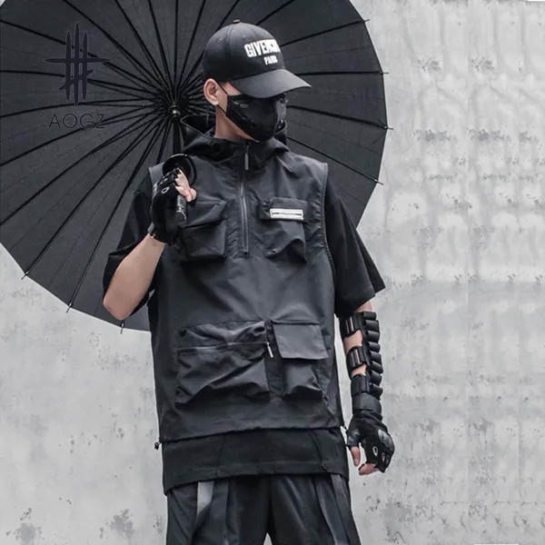 Жилет-карго AOGZ Techwear мужской, модный жилет в стиле хип-хоп с несколькими карманами, на молнии, с капюшоном, без рукавов, Свободная безрукавка, ...