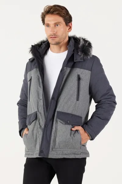 Мужское серо-антрацитовое пальто стандартного кроя с капюшоном и рисунком AC&Co/Altınyıldız Classics AC&Co Altinyildiz Classics, серый