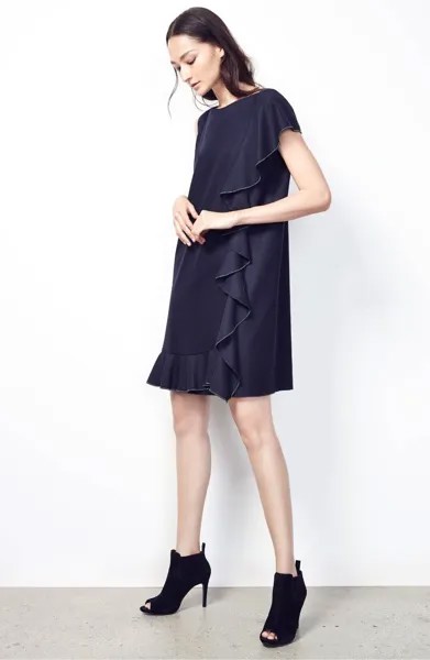 FABIANA FILIPPI Темно-синее платье Mollini из кашемировой шерсти стрейч с оборками из бисера XS 0/2