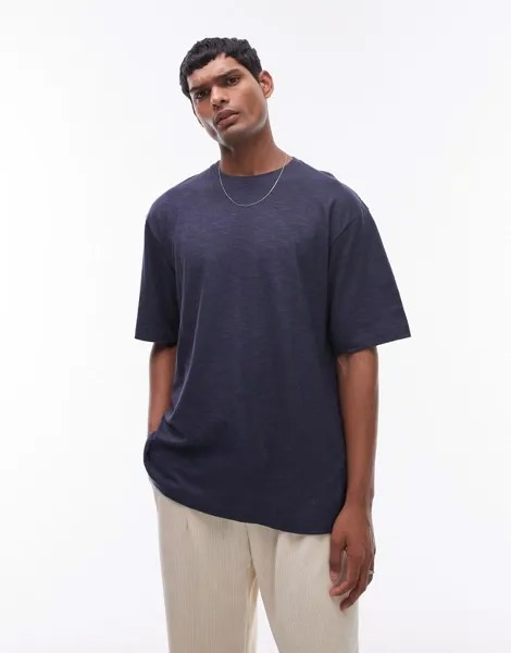 Темно-синяя льняная футболка оверсайз Topman