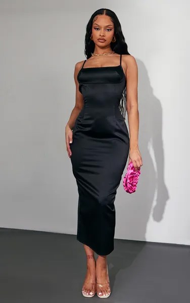 PrettyLittleThing Черное атласное платье миди с контрастной деталью под грудью