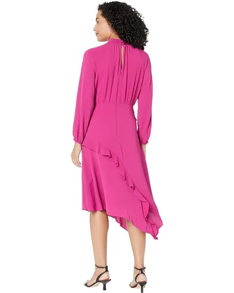 Платье Donna Morgan Midi Dress with Long Sleeve and Ruffle Detail, фуксия