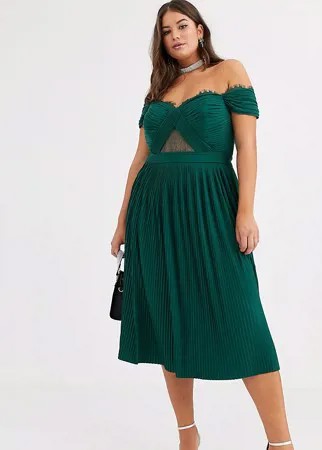 Платье миди с открытыми плечами, кружевом и плиссировкой ASOS DESIGN Curve-Зеленый цвет