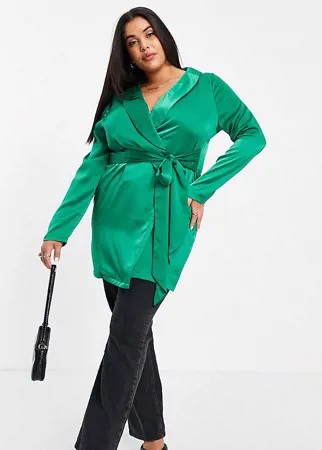 Изумрудно-зеленое платье-блейзер с завязкой спереди In The Style Plus x Naomi Genes-Зеленый цвет