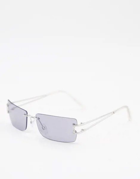 Серебристые квадратные солнцезащитные очки в стиле 90-х без оправы с отделкой стразами и вырезами ASOS DESIGN-Серебристый