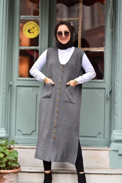 Женский Длинный трикотажный жилет Anthracite на пуговицах спереди, однотонный, серый, брендовые новые наручные часы для хиджаба, куртки и верхне...