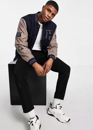 Темно-синий oversized-бомбер в университетском стиле с вышивкой сзади ASOS DESIGN