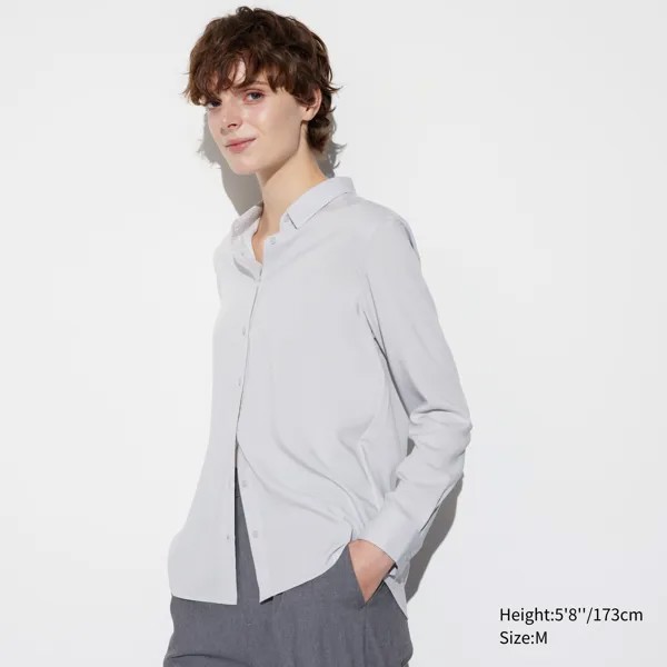 Блузка UNIQLO из искусственного шелка с длинными рукавами, светло-серый