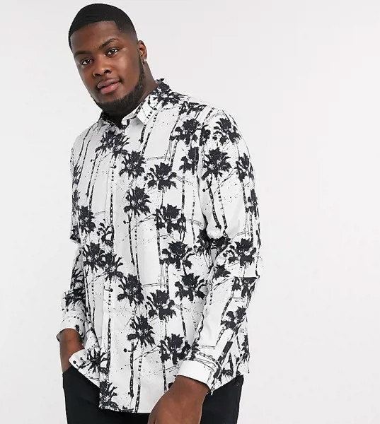 Черно-белая приталенная рубашка с пальмовым принтом Twisted Tailor PLUS-Белый