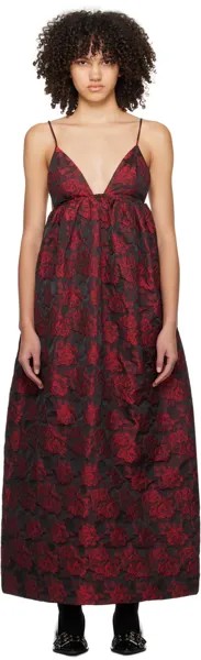 Черно-красное жаккардовое платье-макси с ботаническим принтом Ganni