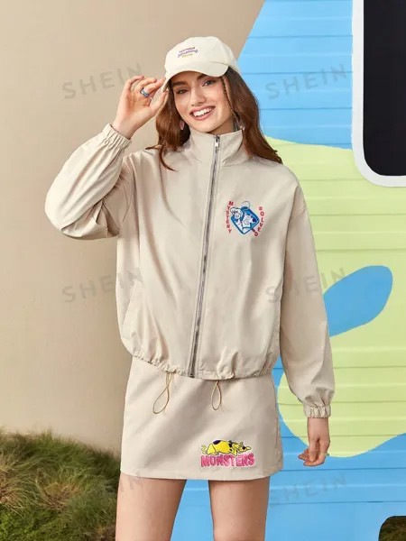 Куртка и юбка с заниженными плечами и завязками на подоле SHEIN с буквенным и мультяшным рисунком, абрикос