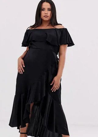 Черное атласное платье миди с открытыми плечами и оборками Flounce London Plus-Черный