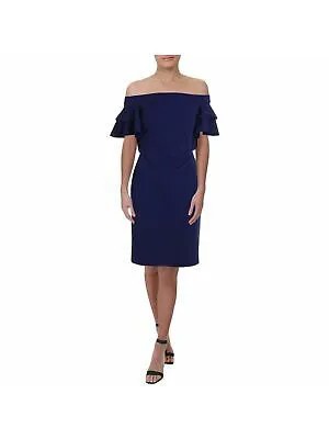 Женское синее коктейльное платье-футляр RALPH LAUREN с оборками и открытыми плечами 6
