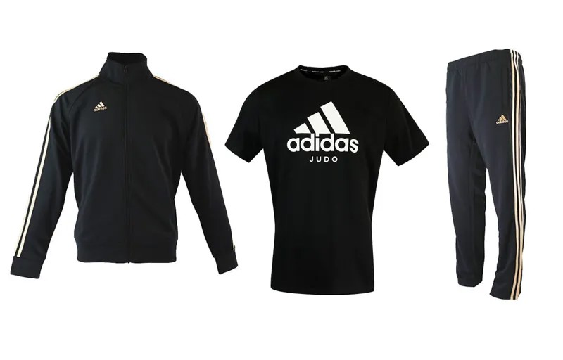 Adidas Мужская повседневная спортивная одежда, Костюм (черная золотая куртка + черная футболка + черные золотые брюки)