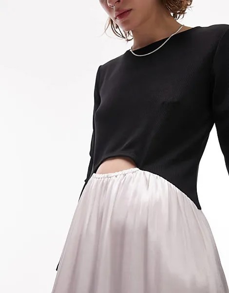 Платье миди из джерси и атласа Topshop черного и цвета слоновой кости