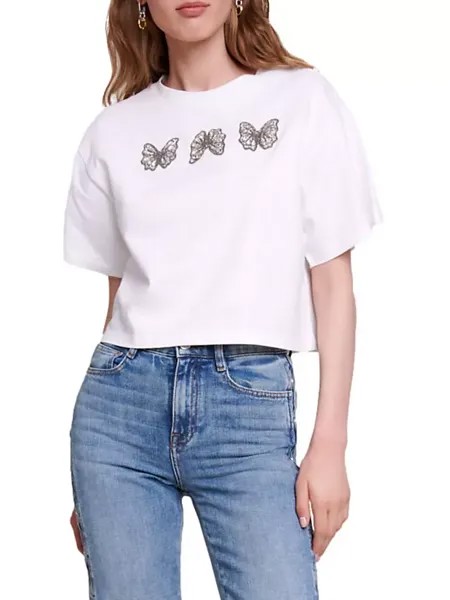 Укороченная футболка со стразами и бабочкой Maje, белый