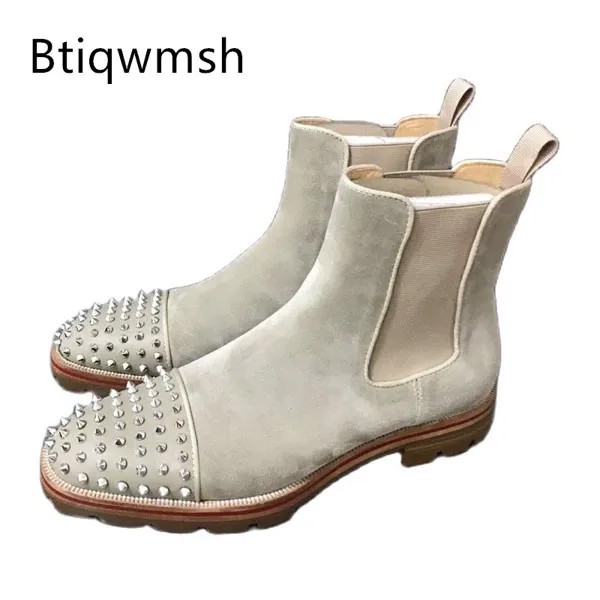 Бежевые Замшевые мужские ботинки челси с шипами, серебристые Модные ботильоны с заклепками и круглым носком