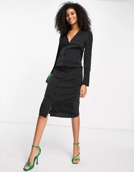 Атласное платье-рубашка миди со свободным вырезом на спине ASOS DESIGN-Черный цвет