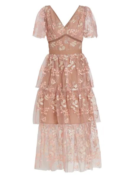 Полупрозрачное платье-миди с вышивкой пайетками Self-Portrait, розовый