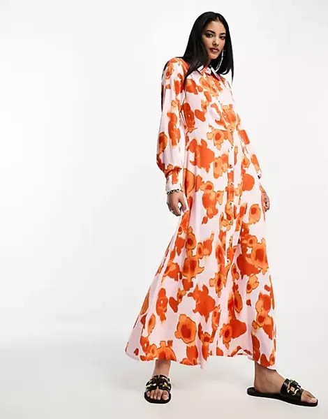 Платье Selected Femme maxi shirt in bold orange floral, оранжевый