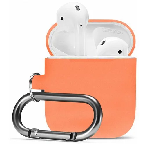 Матовый чехол для Apple AirPods 2 с карабином / Силиконовый кейс для беспроводных наушников Эпл Аирподс 2 противоударный (Papaya)