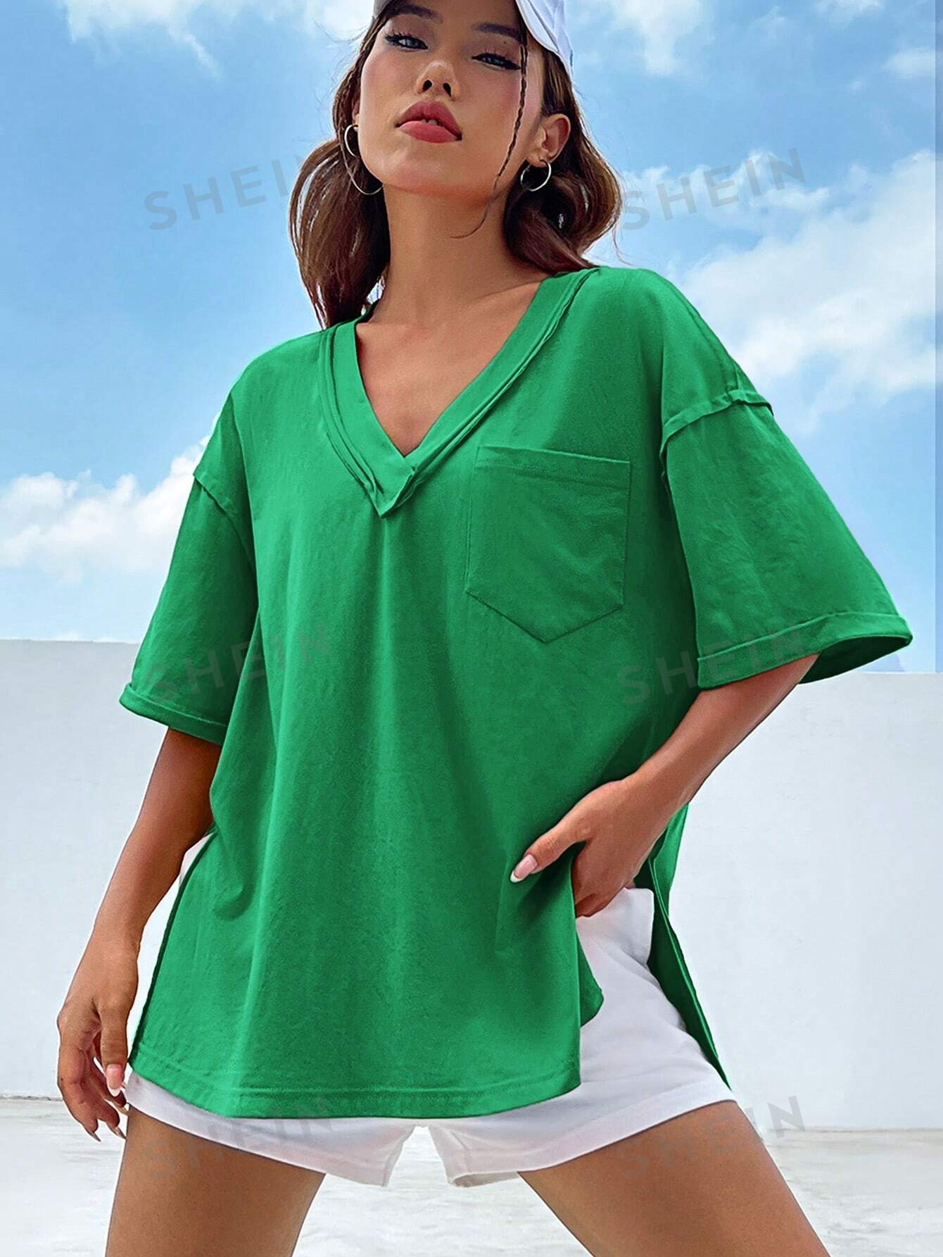 SHEIN EZwear Зеленая футболка свободного кроя с заниженными плечами и боковыми разрезами, зеленый