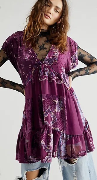 Free People Mended With Scarves Бархатное мини-платье с цветочным принтом Фиолетовый S НОВИНКА