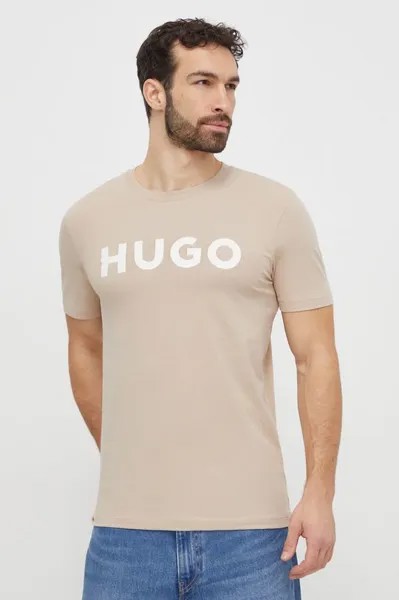 Хлопковая футболка Hugo, бежевый